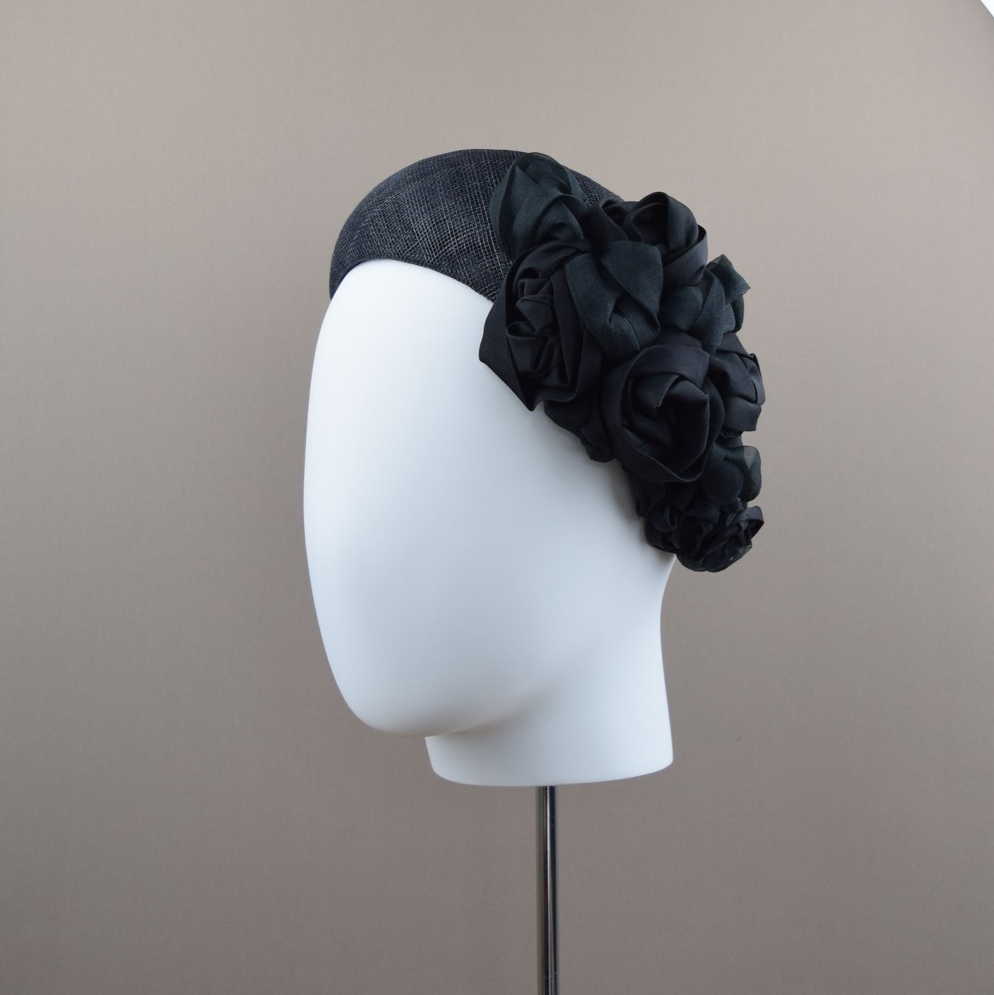 Black Straw Wedding Guest Headband with silk roses