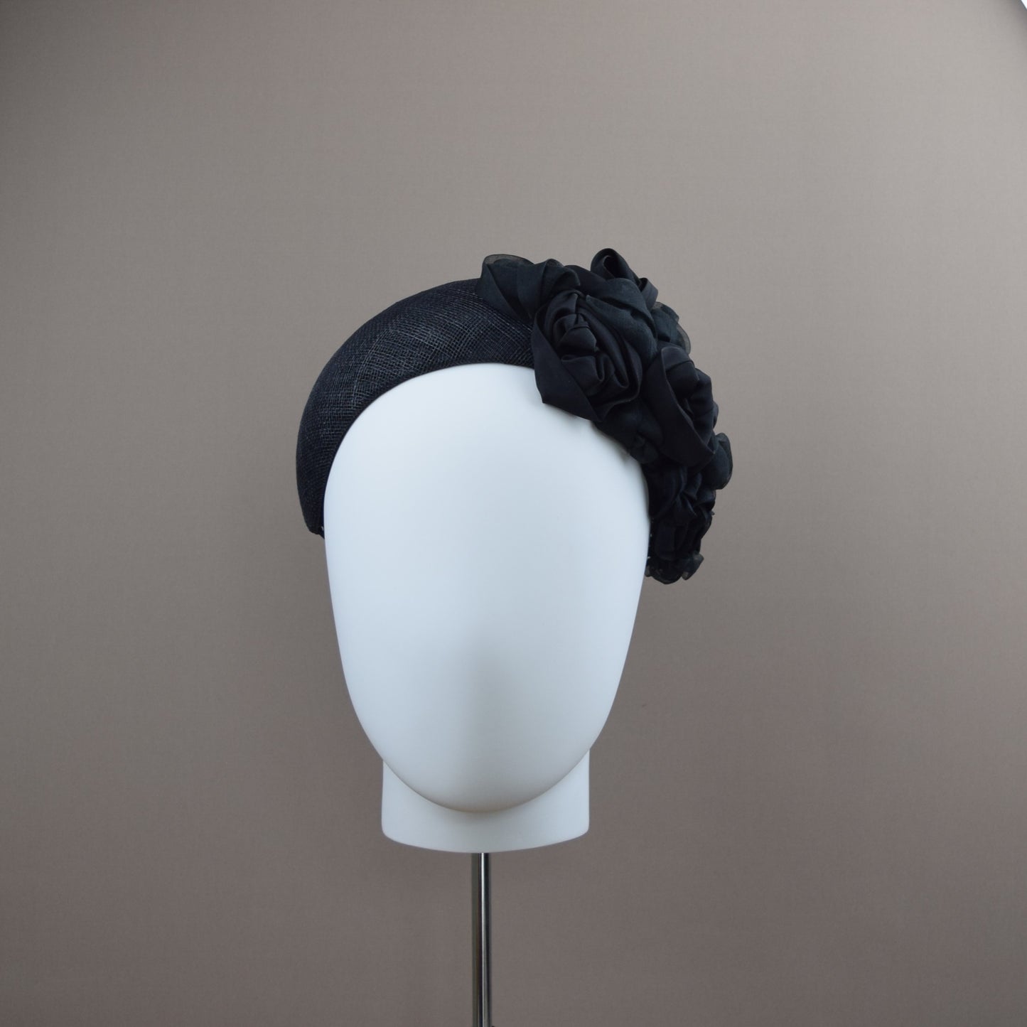 Black Straw Wedding Guest Headband with silk roses