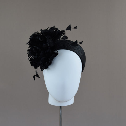 Black Straw Wedding Guest Headband with feather floral detail