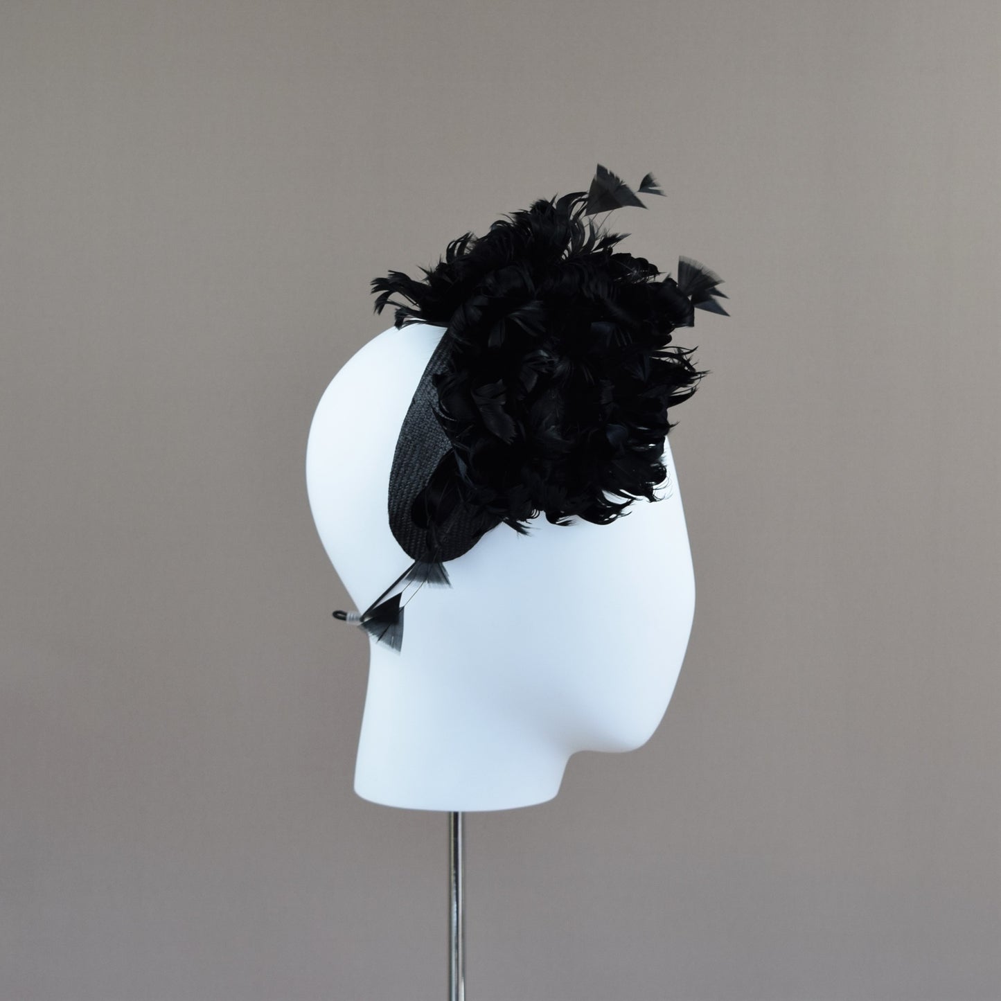 Black Straw Wedding Guest Headband with feather floral detail