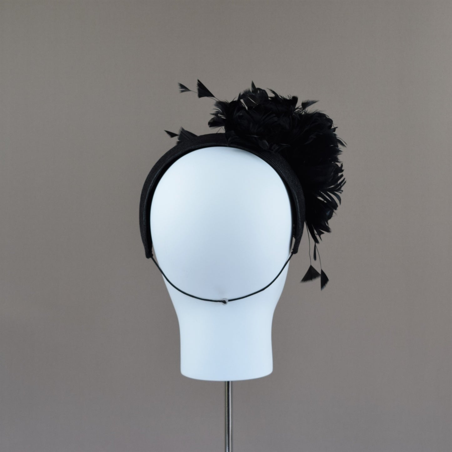 Black Straw Wedding Guest Headband with feather floral detail