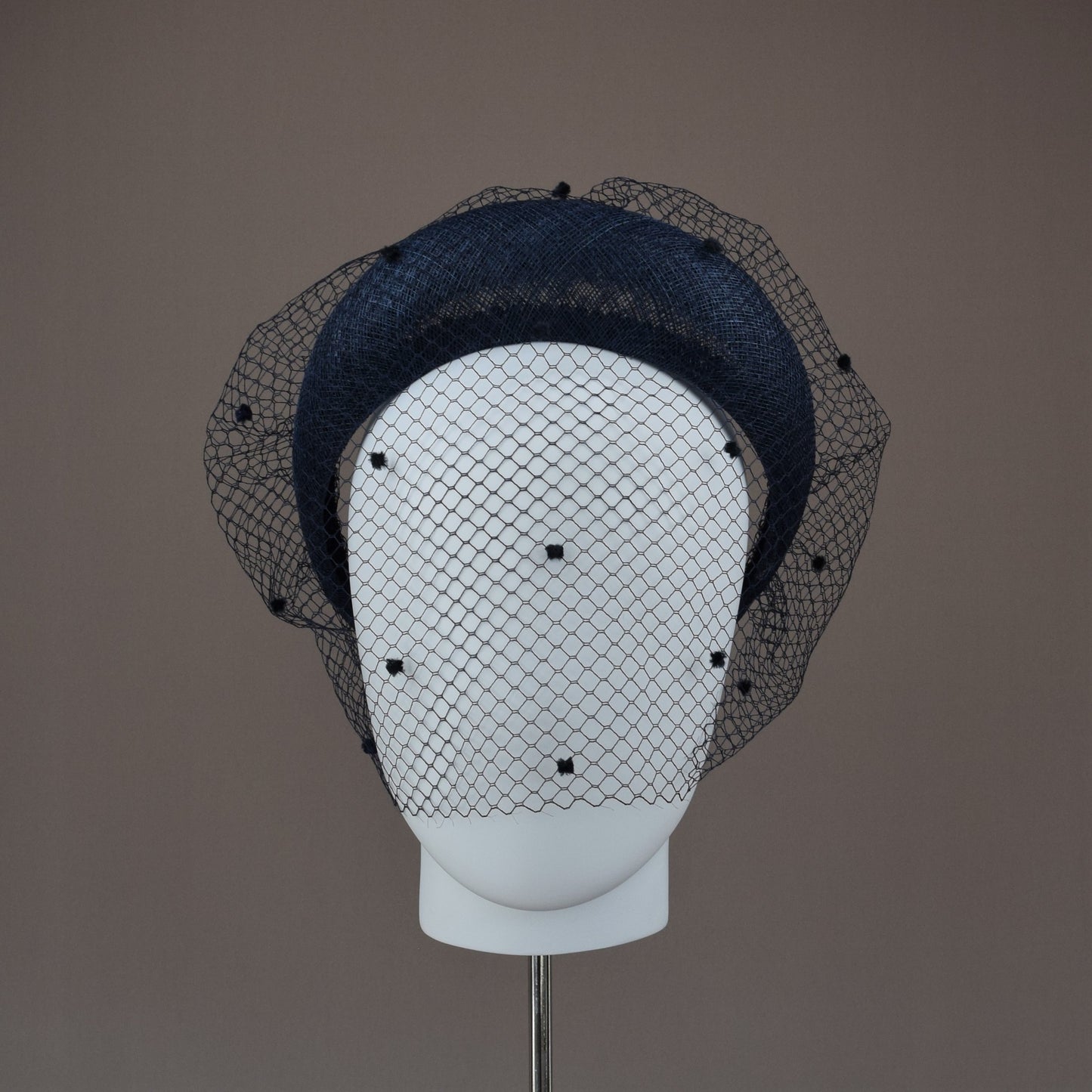 Navy Straw Wedding Guest Headband with Chenille Dotted Birdcage Veil