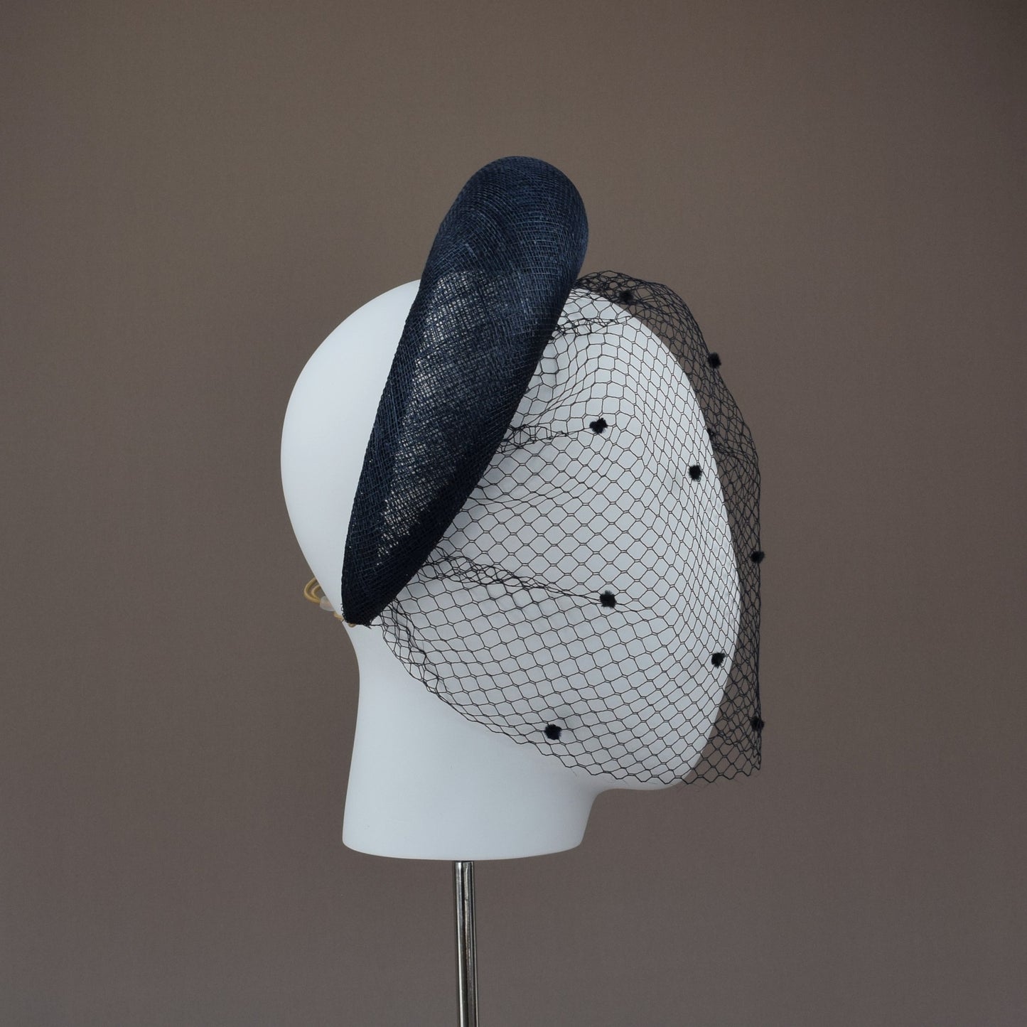 Navy Straw Wedding Guest Headband with Chenille Dotted Birdcage Veil