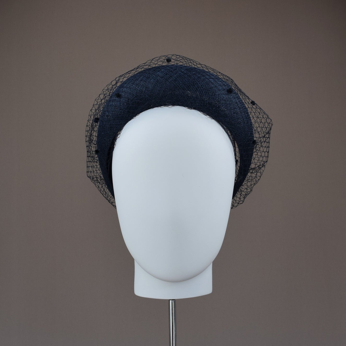 Navy Straw Wedding Guest Headband with Chenille Dotted Birdcage Veil