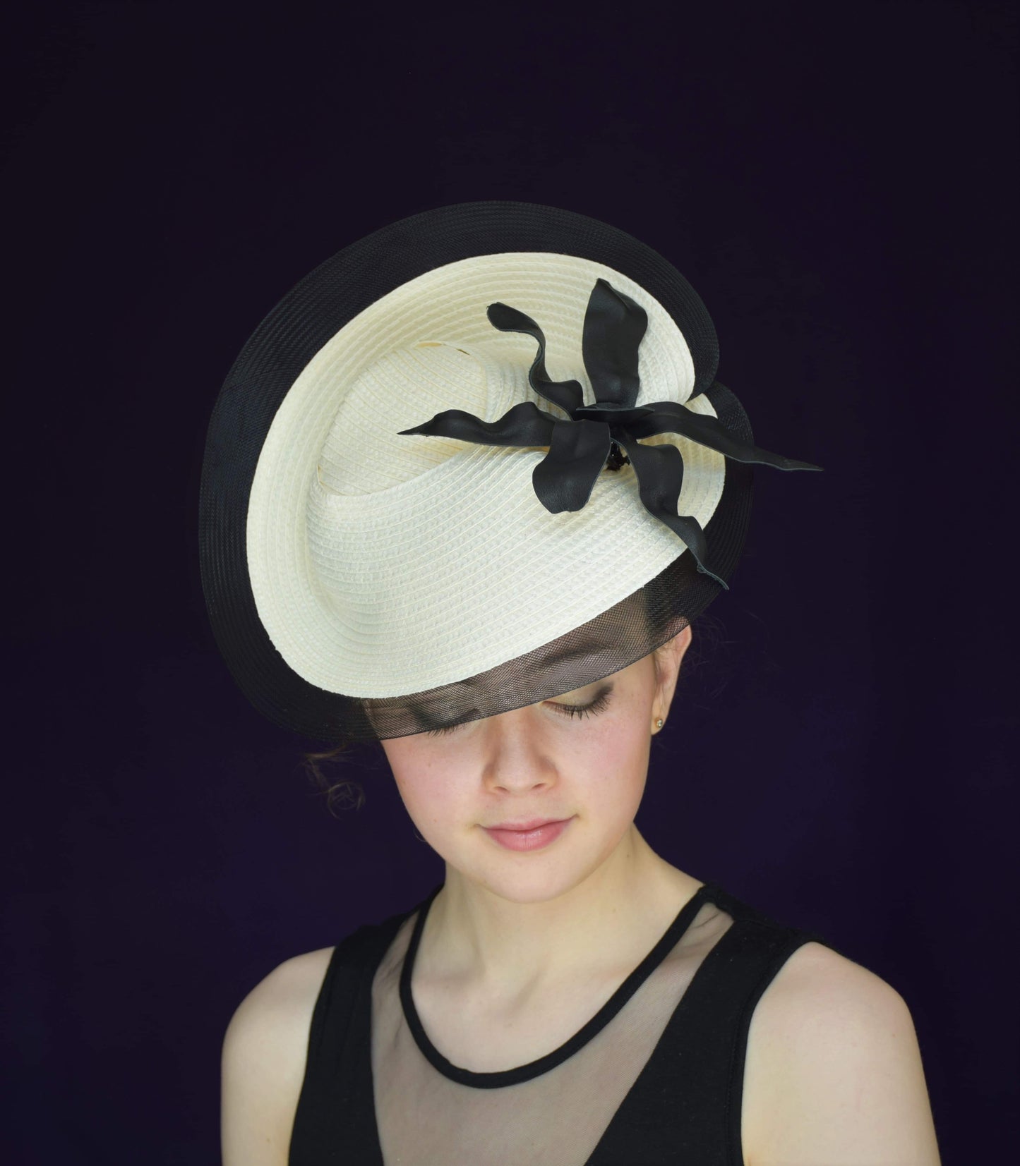 Cream and Black Straw Sculptural Headpiece.